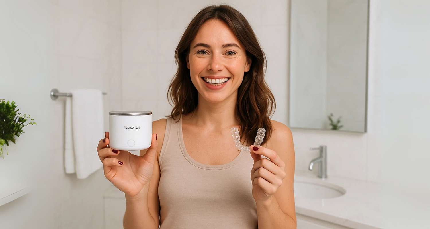 Woman holding a white container and a small object in a bathroom setting

